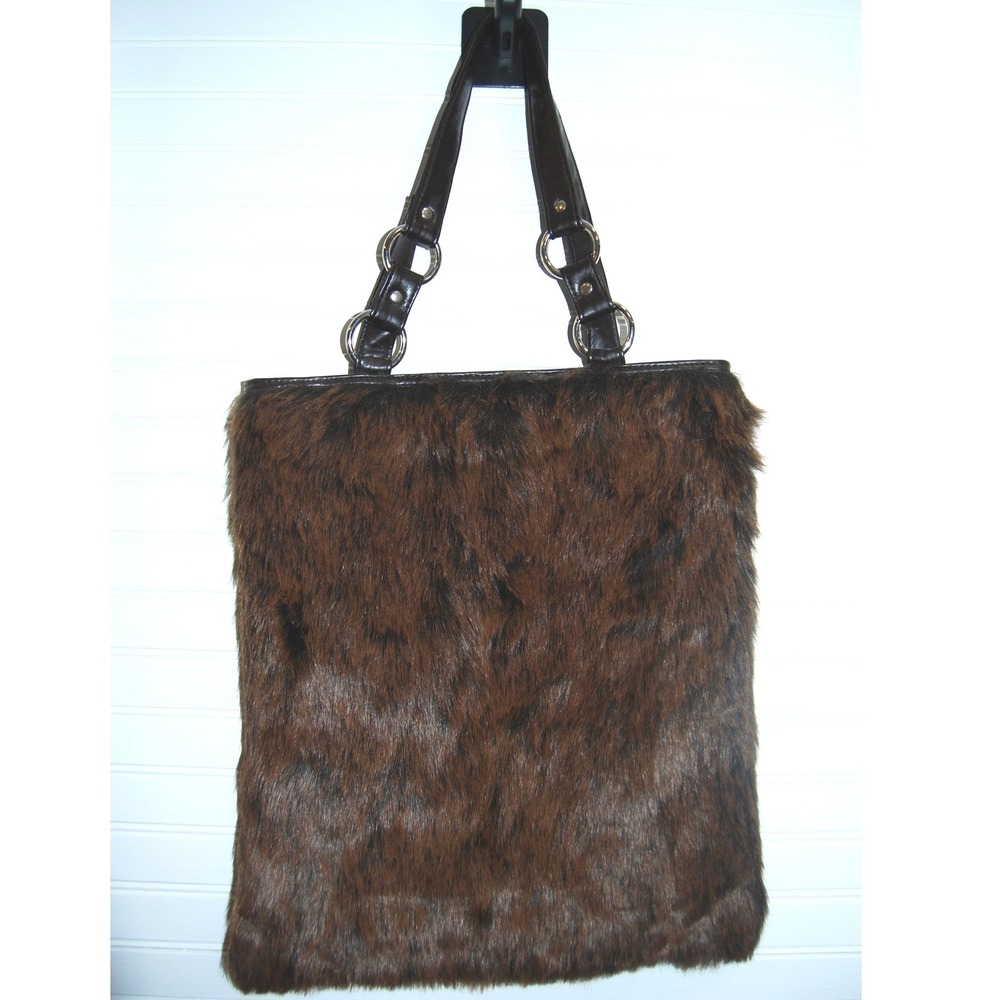 Faux Fur Fashion Express Purse‎ Brown vegan leather Y2K Large Tote bag